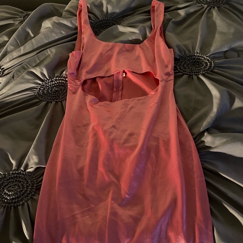 Kim K inspired pink satin slit dress.